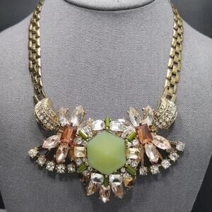 Spring Green Pink Peach Rhinestone Statement Necklace, Gold Tone Chain, 20 Inch